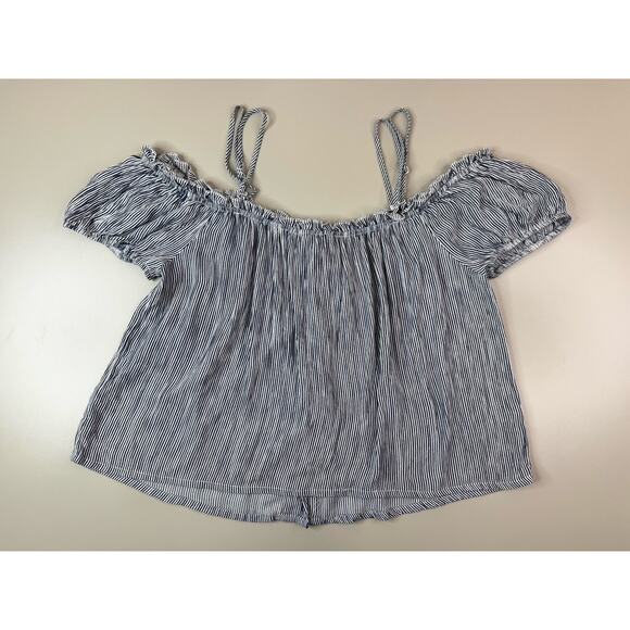 VTG American Eagle Womens Milkmaid Flowy Top XL Blue White Nautical Peasant Boho - Picture 8 of 10